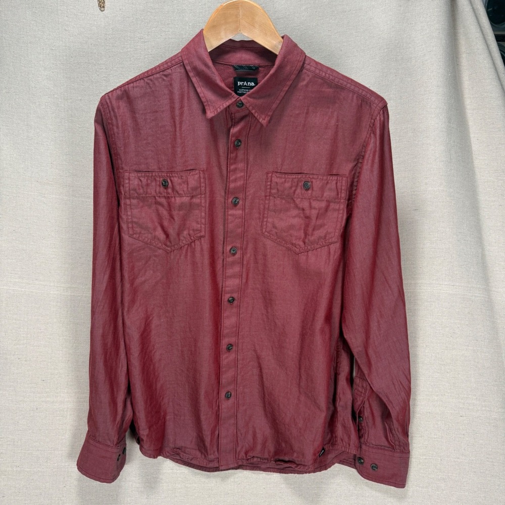 prAna Mens Small Burgundy Organic Cotton Button‎ Down Long Sleeve Shirt Pockets